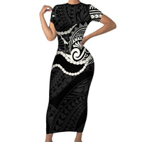 Aloha Hawaii Kalo Pikake Lei Family Matching Short Sleeve Bodycon Dress and Hawaiian Shirt Chest Tattoo Black Hawaiian Pattern
