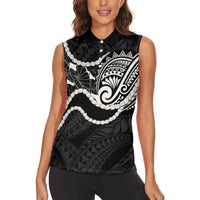 Aloha Hawaii Kalo Pikake Lei Women Sleeveless Polo Shirt Chest Tattoo Black Hawaiian Pattern