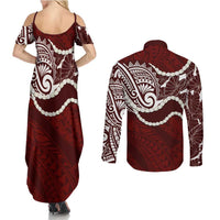 Aloha Hawaii Kalo Pikake Lei Couples Matching Summer Maxi Dress and Long Sleeve Button Shirt Chest Tattoo Oxblood Hawaiian Pattern