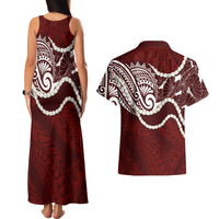Aloha Hawaii Kalo Pikake Lei Couples Matching Tank Maxi Dress and Hawaiian Shirt Chest Tattoo Oxblood Hawaiian Pattern