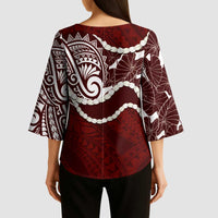Aloha Hawaii Kalo Pikake Lei Kimono Sleeve Blouse Chest Tattoo Oxblood Hawaiian Pattern