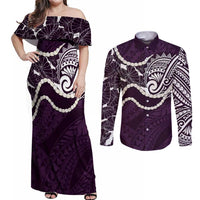 Aloha Hawaii Kalo Pikake Lei Couples Matching Off Shoulder Maxi Dress and Long Sleeve Button Shirt Chest Tattoo Purple Hawaiian Pattern