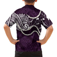 Aloha Hawaii Kalo Pikake Lei Family Matching Off Shoulder Short Dress and Hawaiian Shirt Chest Tattoo Purple Hawaiian Pattern
