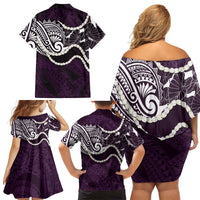 Aloha Hawaii Kalo Pikake Lei Family Matching Off Shoulder Short Dress and Hawaiian Shirt Chest Tattoo Purple Hawaiian Pattern