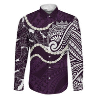 Aloha Hawaii Kalo Pikake Lei Family Matching Off Shoulder Short Dress and Hawaiian Shirt Chest Tattoo Purple Hawaiian Pattern