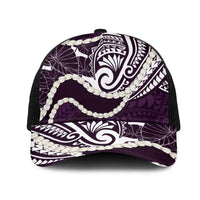 Aloha Hawaii Kalo Pikake Lei Mesh Trucker Cap Chest Tattoo Purple Hawaiian Pattern LT14 One Size Black Purple - Polynesian Pride