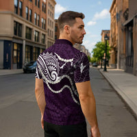 Aloha Hawaii Kalo Pikake Lei Zipper Polo Shirt Chest Tattoo Purple Hawaiian Pattern