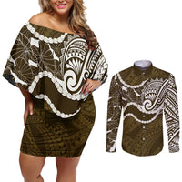 Aloha Hawaii Kalo Pikake Lei Couples Matching Off Shoulder Short Dress and Long Sleeve Button Shirt Chest Tattoo Gold Hawaiian Pattern