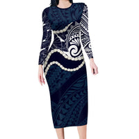 Aloha Hawaii Kalo Pikake Lei Long Sleeve Bodycon Dress Chest Tattoo Oxford Blue Hawaiian Pattern LT14 Long Dress Oxford Blue - Polynesian Pride