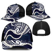 Aloha Hawaii Kalo Pikake Lei Mesh Trucker Cap Chest Tattoo Oxford Blue Hawaiian Pattern