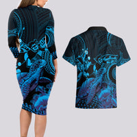 Blue Aloha Hawaii Couples Matching Long Sleeve Bodycon Dress and Hawaiian Shirt Snorkeling With Sea Turtle Polynesian Pattern