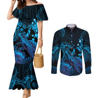 Blue Aloha Hawaii Couples Matching Mermaid Dress and Long Sleeve Button Shirt Snorkeling With Sea Turtle Polynesian Pattern LT14 Blue - Polynesian Pride