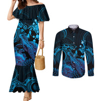 Blue Aloha Hawaii Couples Matching Mermaid Dress and Long Sleeve Button Shirt Snorkeling With Sea Turtle Polynesian Pattern