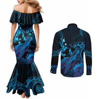 Blue Aloha Hawaii Couples Matching Mermaid Dress and Long Sleeve Button Shirt Snorkeling With Sea Turtle Polynesian Pattern LT14 - Polynesian Pride