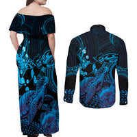 Blue Aloha Hawaii Couples Matching Off Shoulder Maxi Dress and Long Sleeve Button Shirt Snorkeling With Sea Turtle Polynesian Pattern