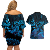 Blue Aloha Hawaii Couples Matching Off Shoulder Short Dress and Hawaiian Shirt Snorkeling With Sea Turtle Polynesian Pattern