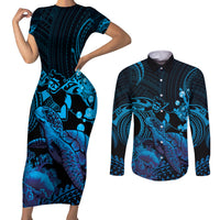 Blue Aloha Hawaii Couples Matching Short Sleeve Bodycon Dress and Long Sleeve Button Shirt Snorkeling With Sea Turtle Polynesian Pattern