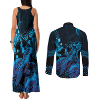 Blue Aloha Hawaii Couples Matching Tank Maxi Dress and Long Sleeve Button Shirt Snorkeling With Sea Turtle Polynesian Pattern