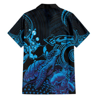 Blue Aloha Hawaii Family Matching Off The Shoulder Long Sleeve Dress and Hawaiian Shirt Snorkeling With Sea Turtle Polynesian Pattern