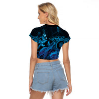 Blue Aloha Hawaii Raglan Cropped T Shirt Snorkeling With Sea Turtle Polynesian Pattern