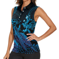 Blue Aloha Hawaii Women Sleeveless Polo Shirt Snorkeling With Sea Turtle Polynesian Pattern