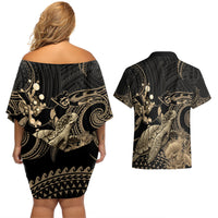 Gold Aloha Hawaii Couples Matching Off Shoulder Short Dress and Hawaiian Shirt Snorkeling With Sea Turtle Polynesian Pattern
