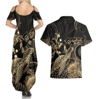 Gold Aloha Hawaii Couples Matching Summer Maxi Dress and Hawaiian Shirt Snorkeling With Sea Turtle Polynesian Pattern