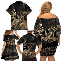 Gold Aloha Hawaii Family Matching Off Shoulder Short Dress and Hawaiian Shirt Snorkeling With Sea Turtle Polynesian Pattern