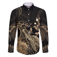 Gold Aloha Hawaii Family Matching Tank Maxi Dress and Hawaiian Shirt Snorkeling With Sea Turtle Polynesian Pattern