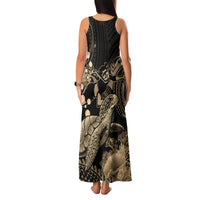 Gold Aloha Hawaii Family Matching Tank Maxi Dress and Hawaiian Shirt Snorkeling With Sea Turtle Polynesian Pattern