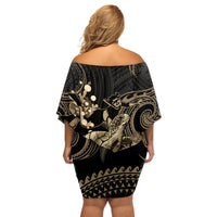 Gold Aloha Hawaii Off Shoulder Short Dress Snorkeling With Sea Turtle Polynesian Pattern