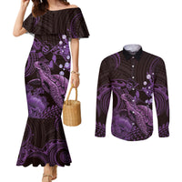 Purple Aloha Hawaii Couples Matching Mermaid Dress and Long Sleeve Button Shirt Snorkeling With Sea Turtle Polynesian Pattern