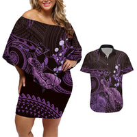 Purple Aloha Hawaii Couples Matching Off Shoulder Short Dress and Hawaiian Shirt Snorkeling With Sea Turtle Polynesian Pattern