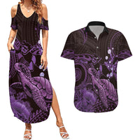 Purple Aloha Hawaii Couples Matching Summer Maxi Dress and Hawaiian Shirt Snorkeling With Sea Turtle Polynesian Pattern