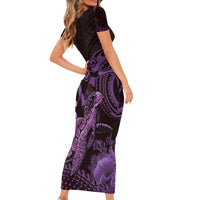 Purple Aloha Hawaii Short Sleeve Bodycon Dress Snorkeling With Sea Turtle Polynesian Pattern
