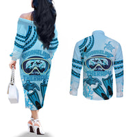Hawaii Sea Turtle Snorkeling Is My Therapy Couples Matching Off The Shoulder Long Sleeve Dress and Long Sleeve Button Shirt