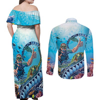 Hawaii Snorkeling Honu Turtle Couples Matching Off Shoulder Maxi Dress and Long Sleeve Button Shirt Under The Ocean Vibes LT14 - Polynesian Pride