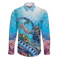 Hawaii Snorkeling Honu Turtle Family Matching Off The Shoulder Long Sleeve Dress and Hawaiian Shirt Under The Ocean Vibes LT14 Dad's Shirt - Long Sleeve Blue - Polynesian Pride