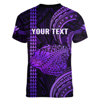 Personalised Hawaiian Islands Women V Neck T Shirt Kauai Map Purple Kanaka With Kakau LT14 - Polynesian Pride