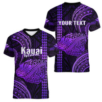 Personalised Hawaiian Islands Women V Neck T Shirt Kauai Map Purple Kanaka With Kakau LT14 - Polynesian Pride