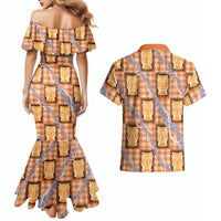 Aloha Hawaii Tiki Palaka Motifs Couples Matching Mermaid Dress and Hawaiian Shirt Honohono Lei Orange Elegant Vibes