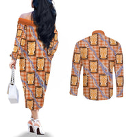 Aloha Hawaii Tiki Palaka Motifs Couples Matching Off The Shoulder Long Sleeve Dress and Long Sleeve Button Shirt Honohono Lei Orange Elegant Vibes