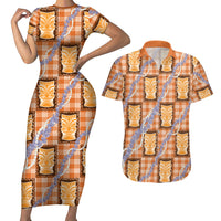 Aloha Hawaii Tiki Palaka Motifs Couples Matching Short Sleeve Bodycon Dress and Hawaiian Shirt Honohono Lei Orange Elegant Vibes
