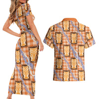 Aloha Hawaii Tiki Palaka Motifs Couples Matching Short Sleeve Bodycon Dress and Hawaiian Shirt Honohono Lei Orange Elegant Vibes