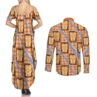 Aloha Hawaii Tiki Palaka Motifs Couples Matching Summer Maxi Dress and Long Sleeve Button Shirt Honohono Lei Orange Elegant Vibes