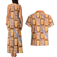 Aloha Hawaii Tiki Palaka Motifs Couples Matching Tank Maxi Dress and Hawaiian Shirt Honohono Lei Orange Elegant Vibes