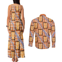 Aloha Hawaii Tiki Palaka Motifs Couples Matching Tank Maxi Dress and Long Sleeve Button Shirt Honohono Lei Orange Elegant Vibes