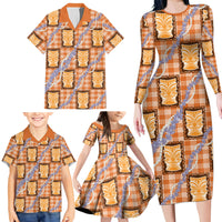 Aloha Hawaii Tiki Palaka Motifs Family Matching Long Sleeve Bodycon Dress and Hawaiian Shirt Honohono Lei Orange Elegant Vibes