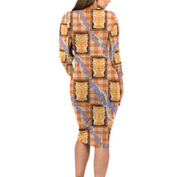 Aloha Hawaii Tiki Palaka Motifs Family Matching Long Sleeve Bodycon Dress and Hawaiian Shirt Honohono Lei Orange Elegant Vibes