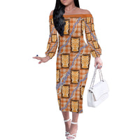 Aloha Hawaii Tiki Palaka Motifs Family Matching Off The Shoulder Long Sleeve Dress and Hawaiian Shirt Honohono Lei Orange Elegant Vibes